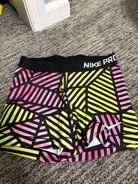Nike Pro Women’s Pink & Neon Yellow Geometric Bike Shorts